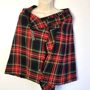 Scottish Plaid Pleated Skirt Buckles Pin Fringe XS Small